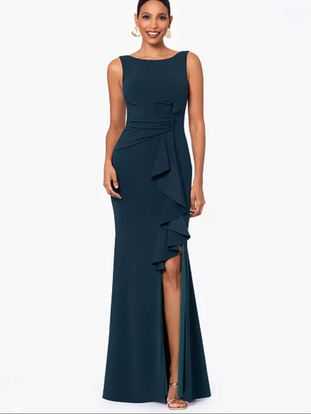 Betsy & Adam Women's Cascading-Ruffle Boat-Neck Gown Size 2P New